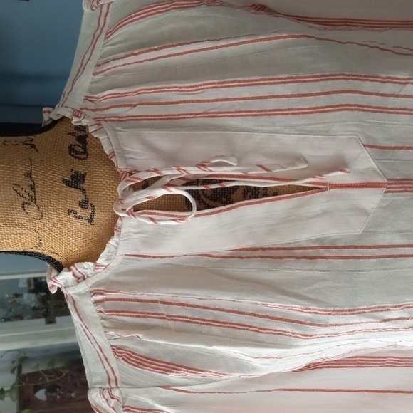 Loft Cream and Mauve Pink Striped Ruffle Tie Neck Tunic Blouse NWT - Picture 5 of 12